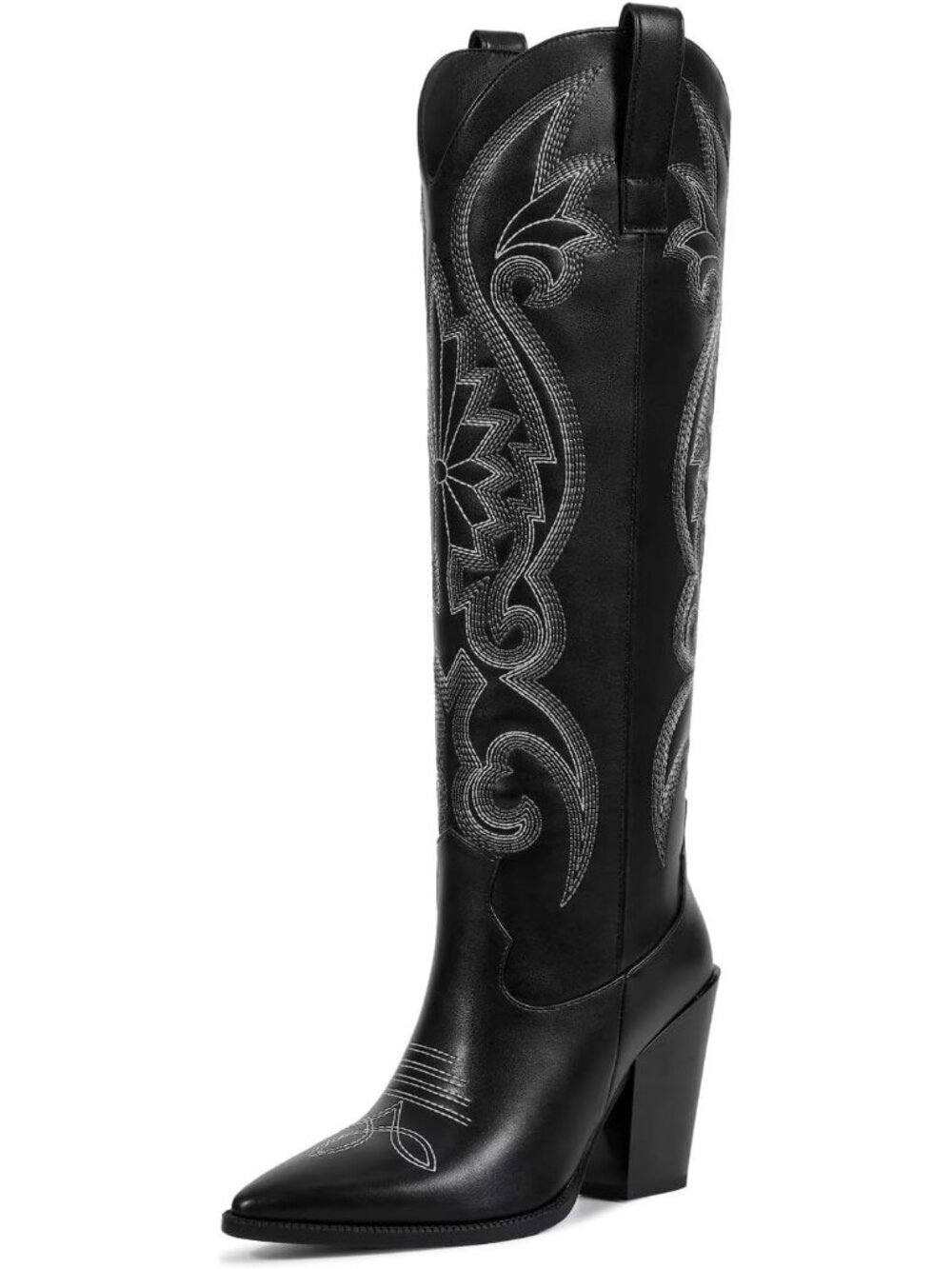 Women’s Black Matte Pointed Toe Chunky Heel Western Knee High Cowboy Boots